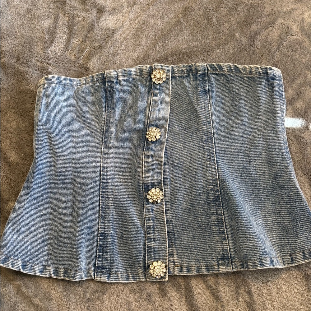 Denim Corset Top with Rhinestone Buttons